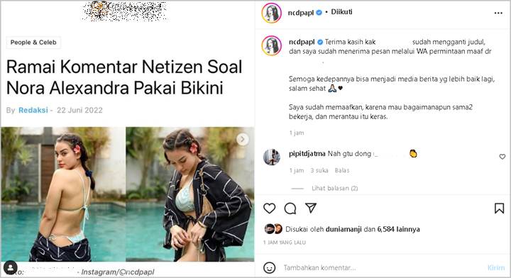 Nora Alexandra Buka Pintu Maaf Usai Judul Berita Soal Foto Pakai Bikini Diganti, Alasannya Disorot