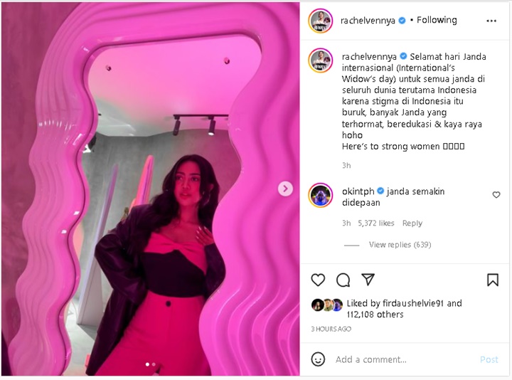 Rachel Vennya Tulis Ucapan Selamat Hari Janda Internasional, Komentar Okin Disorot