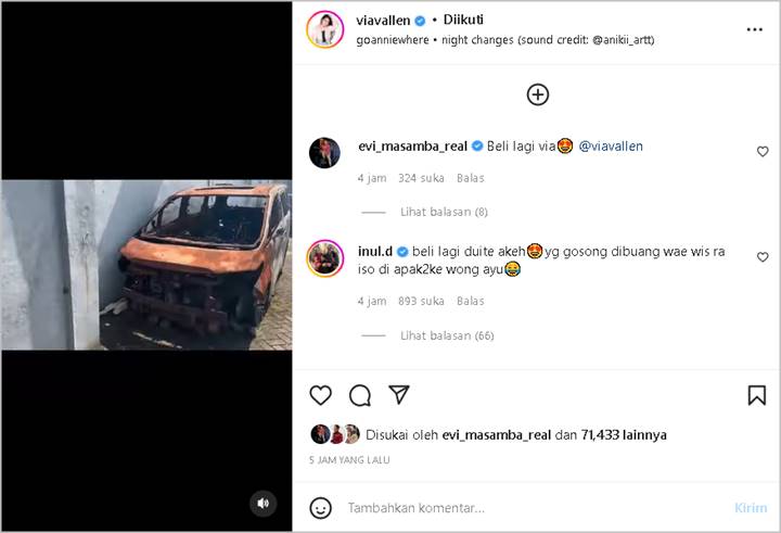 Via Vallen Unjuk Penampakan Bangkai Mobil Mewah yang Dibakar Orang 2 Tahun Lalu, Ucapan Inul Diserbu