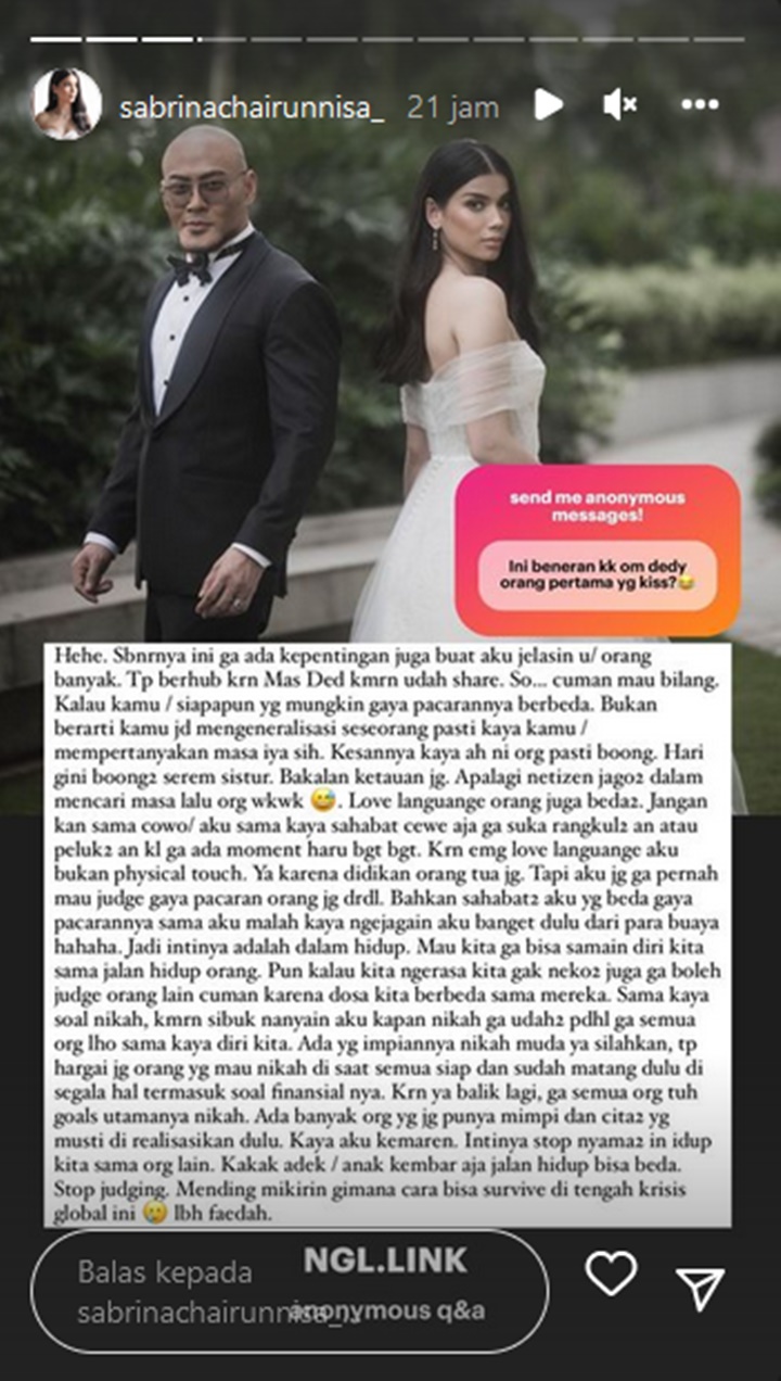 Dituding Bohong, Sabrina Chairunnisa Klarifikasi Soal First Kiss dengan Deddy Corbuzier