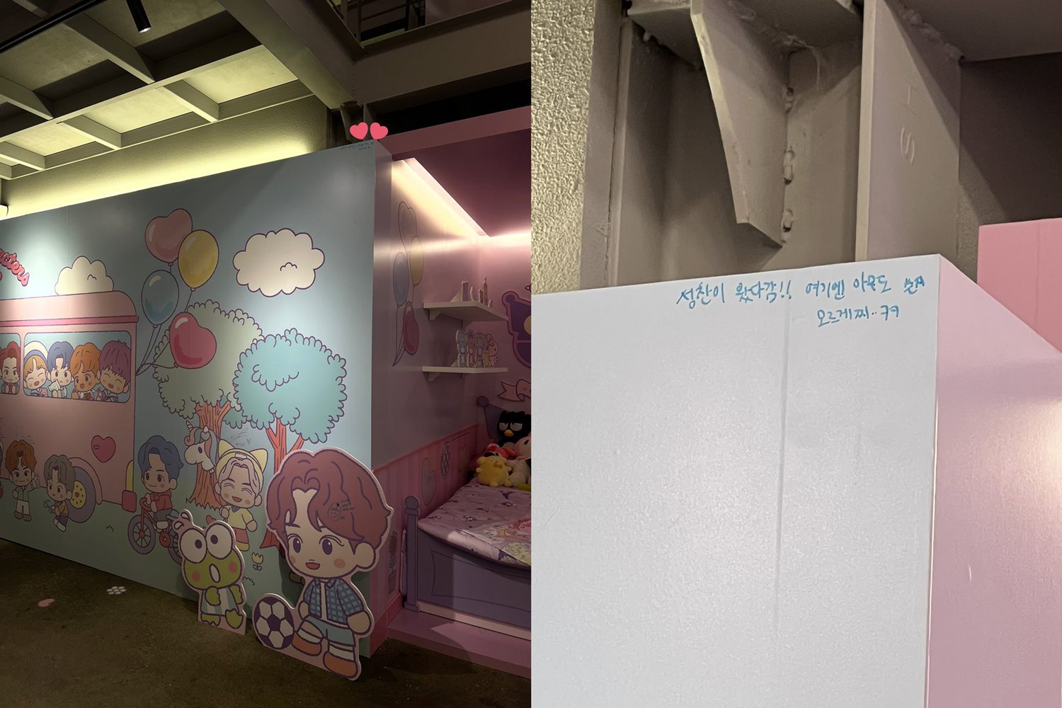 Sungchan NCT menuliskan pesan di ujung board di Sanrio Town