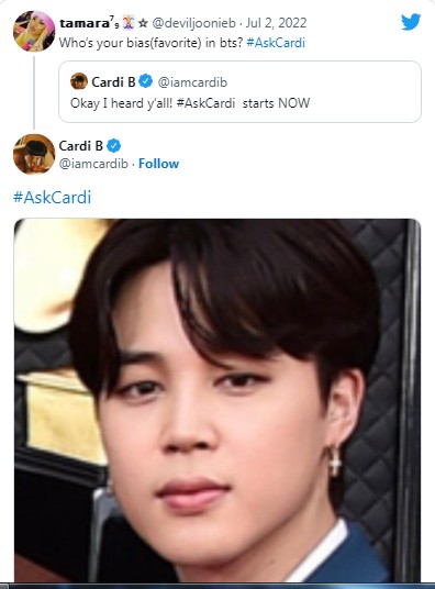 Rapper Cardi B Blak-Blakan Sebut Jimin Anggota BTS Paling Favoritnya