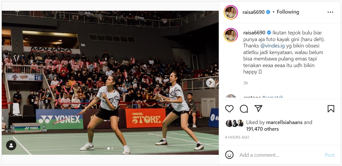 Meski Kalah Bulu Tangkis, Raisa Terharu Bisa Bagikan Momen Ini