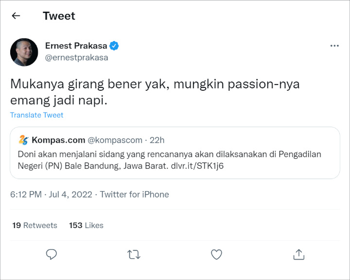 Cuitan Ernest Prakasa Soal Doni Salmanan yang Tak Diborgol Bikin Netter Suuzon, Kok Bisa?