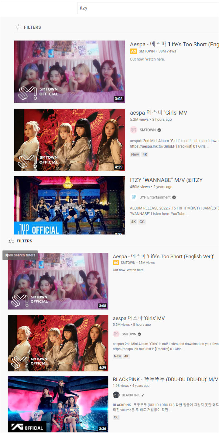 aespa Muncul Duluan di Pencarian YouTube ITZY dan BLACKPINK