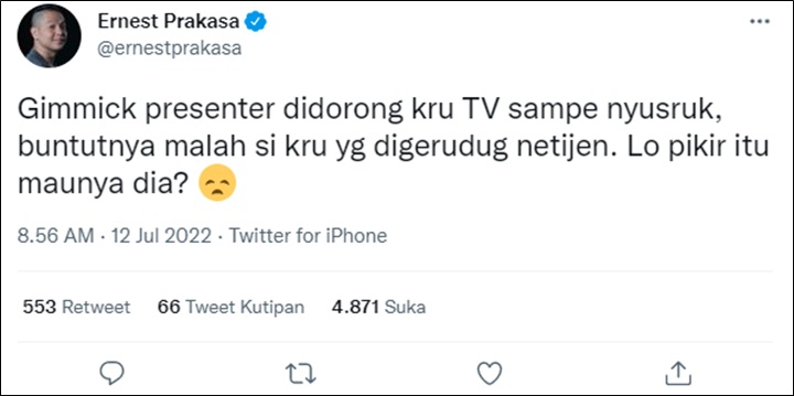 Ruben Onsu Banjir Simpati, Ernest Prakasa Justru Sindir Pedas Insiden Nyungsep Didorong Kru TV