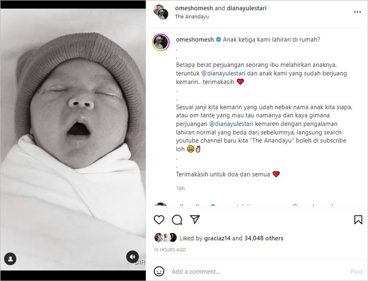 Omesh Akhirnya Ungkap Wajah Anak Ketiga, Video Bukti Perjuangan Istri Melahirkan Tuai Haru