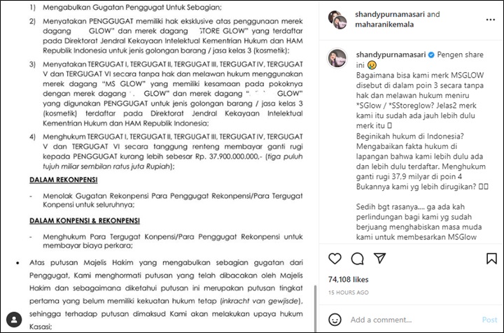 Kalah Gugatan, Shandy Purnamasari Tak Terima Disuruh Ganti Rugi Rp37,9 Miliar ke PS Glow