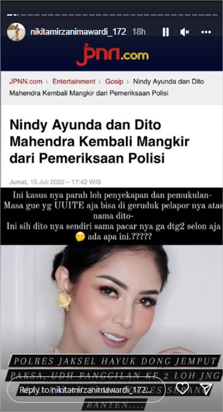 Nikita Mirzani Sindir Menohok Nindy Ayunda Agar Dijemput Paksa oleh Polres Jakarta Selatan