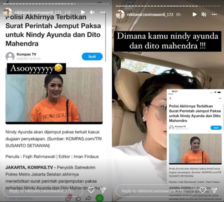 Nikita Mirzani Girang Nindy Ayunda dan Dito Mahendra Bakal Dijemput Paksa, Beri Sindiran Ini
