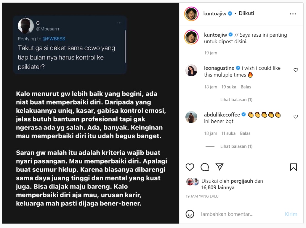 Bak Netizen, Kunto Aji Ikut Nimbrung Bahas Soal Mental Health: Saya Rasa Penting untuk Dipost