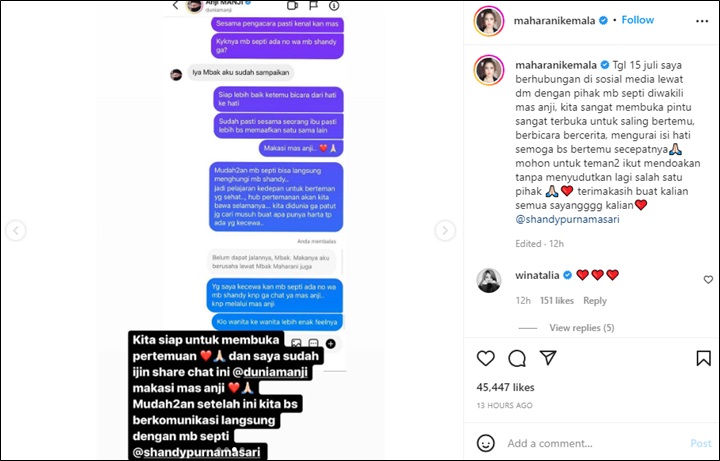 PMaharani Kemala Bestie Shandy Sayangkan Sikap Septia Siregar, Ngeluh Begini ke Anji