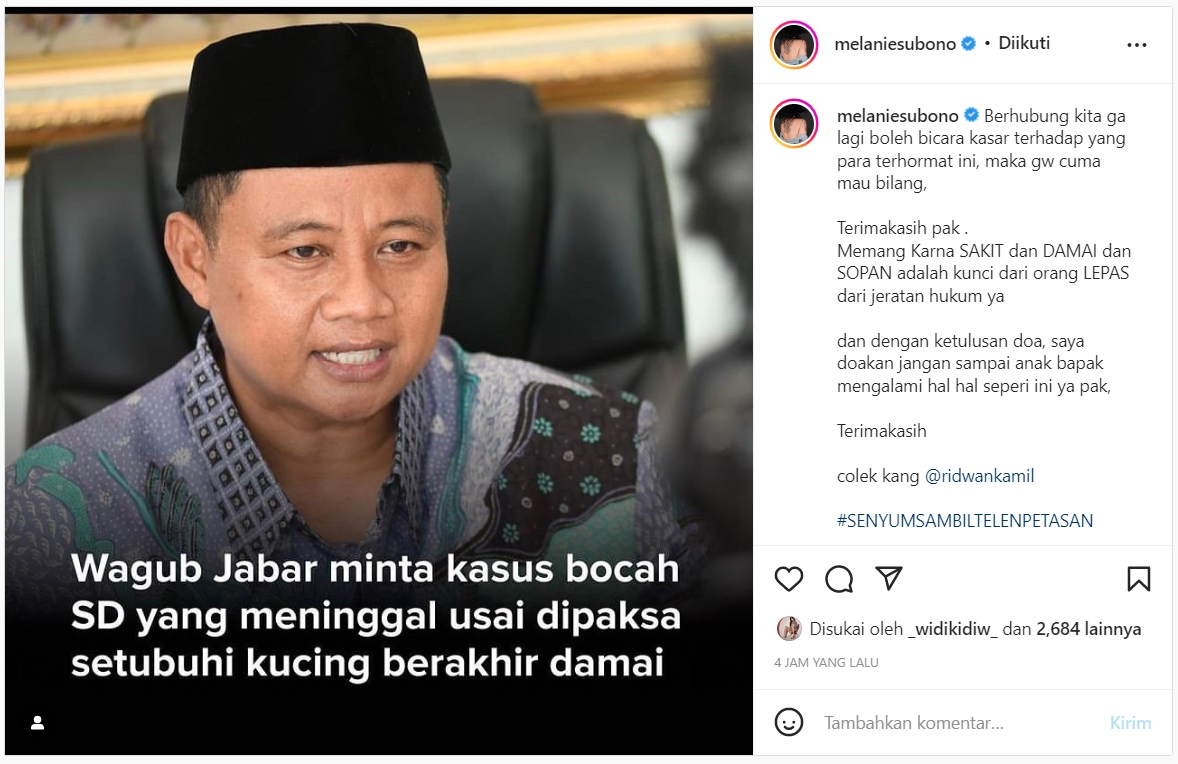 Melanie Subono Sindir Pedas Wagub Jabar yang Minta Kasus Bully Bocah SD Berakhir Damai