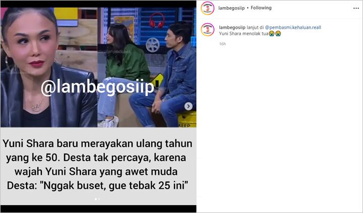 Tahu Usia Yuni Shara Injak Kepala 5, Desta Bandingkan dengan Penampilan Saat Pakai Baju Ini
