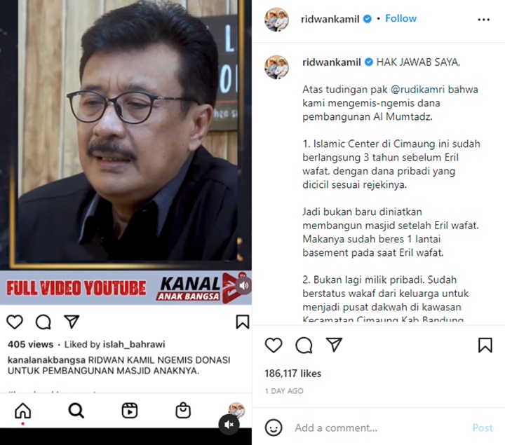 Ridwan Kamil Jawab Nyelekit Usai Dituding Ngemis Donasi untuk Bangun Masjid Mendiang Eril