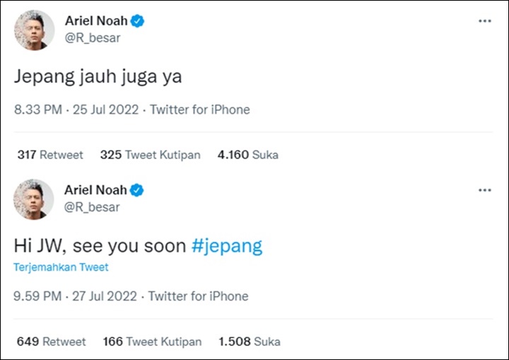 Ariel NOAH Langsung Trending Usai Curhat Bakal Ketemu \'JW\' di Jepang, Fans Potek