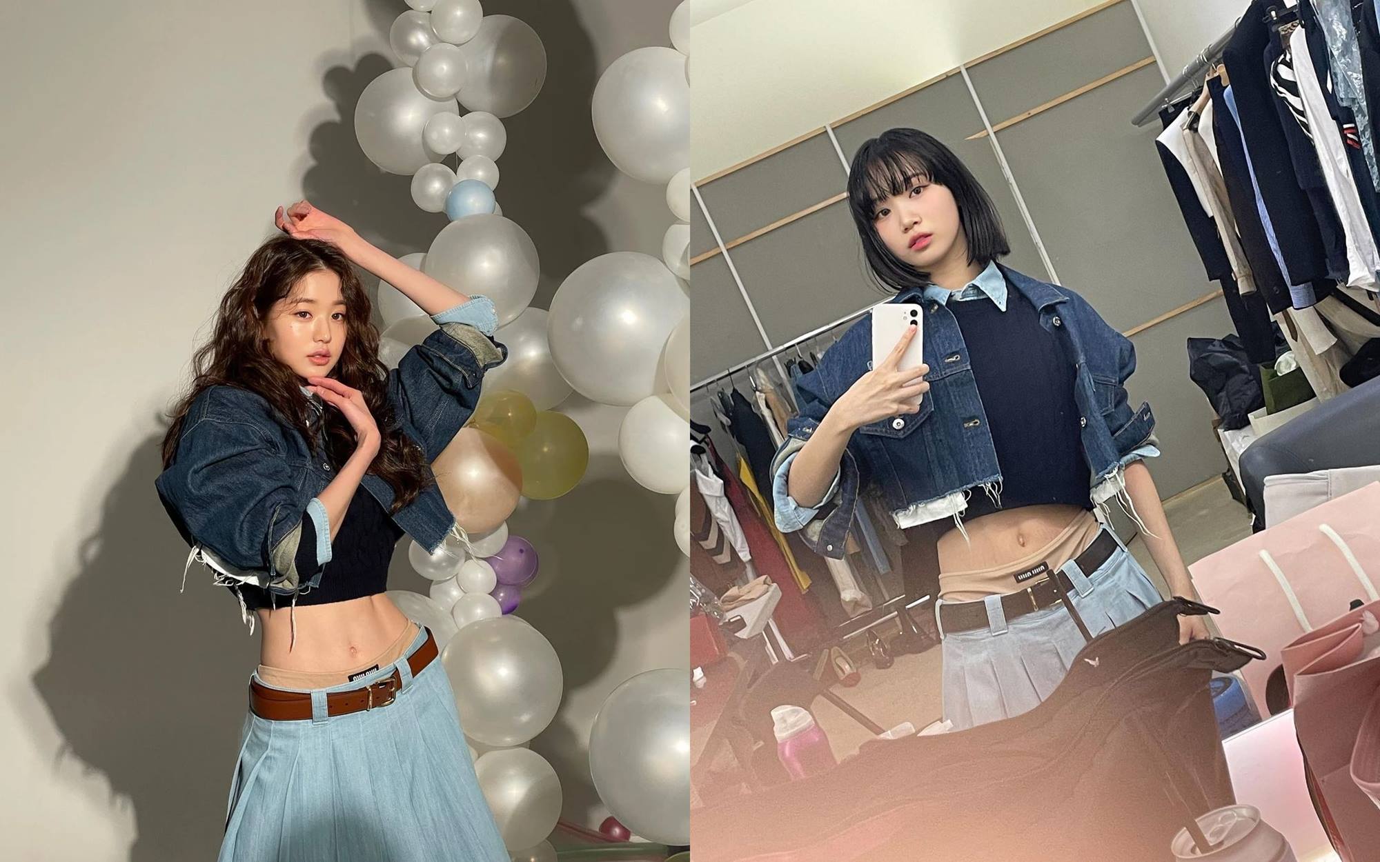 Jang Won Young IVE dan Kim Chaewon LE SSERAFIM mengenakan outfit Miu Miu