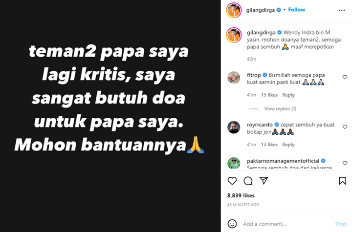 Gilang Dirga Kabarkan Sang Ayah Kritis Hingga Banjir Doa dari Rekan Artis, Sakit Apa?