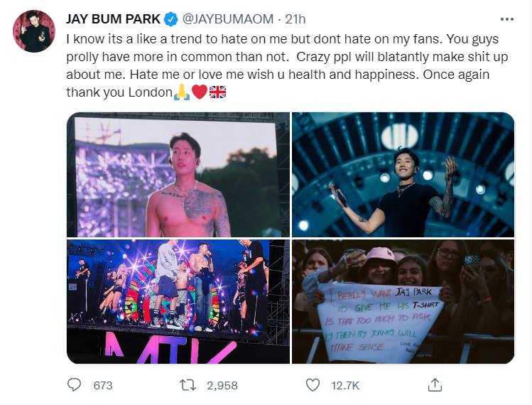 Jay Park mengucapkan terima kasih kepada penggemar di London