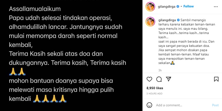 Ungkap Sakit yang Diderita, Gilang Dirga Nangis Kabarkan Kondisi Terkini Sang Ayah
