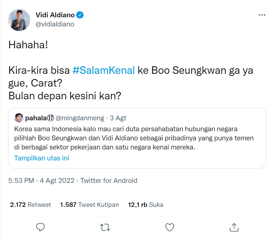 Vidi Aldiano Soroti Tweet Viral Seret Namanya, Siap Ajak Nongkrong Seungkwan SEVENTEEN?