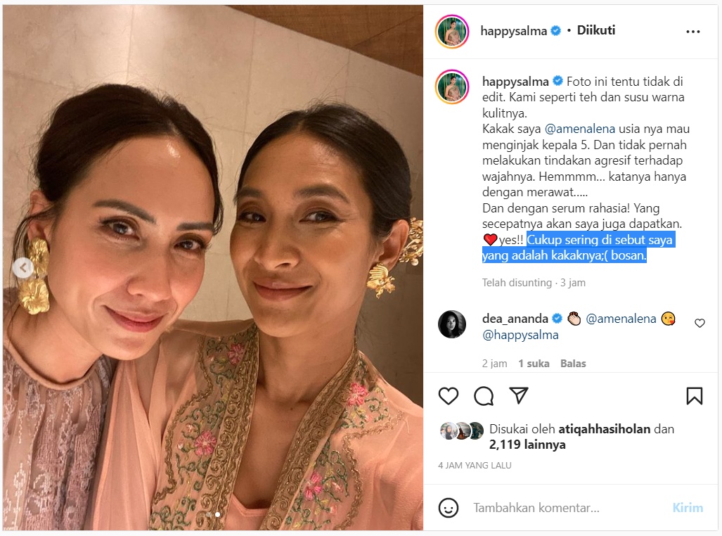 Happy Salma \'Ngeluh\' Bosan Saat Pajang Foto Bareng Sang Kakak, Kenapa?