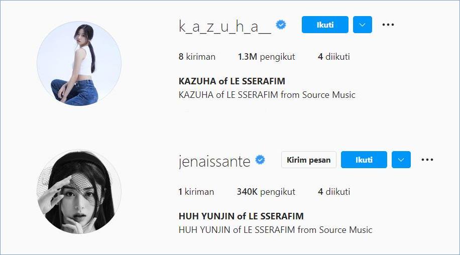 Biodata Instagram Yunjin dan Kazuha LE SSERAFIM