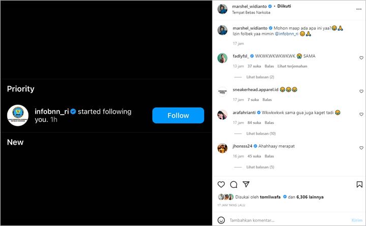 Marshel Widianto Bertanya-tanya Usai Difollow Akun Centang Biru BNN, Minta Izin Lakukan Ini