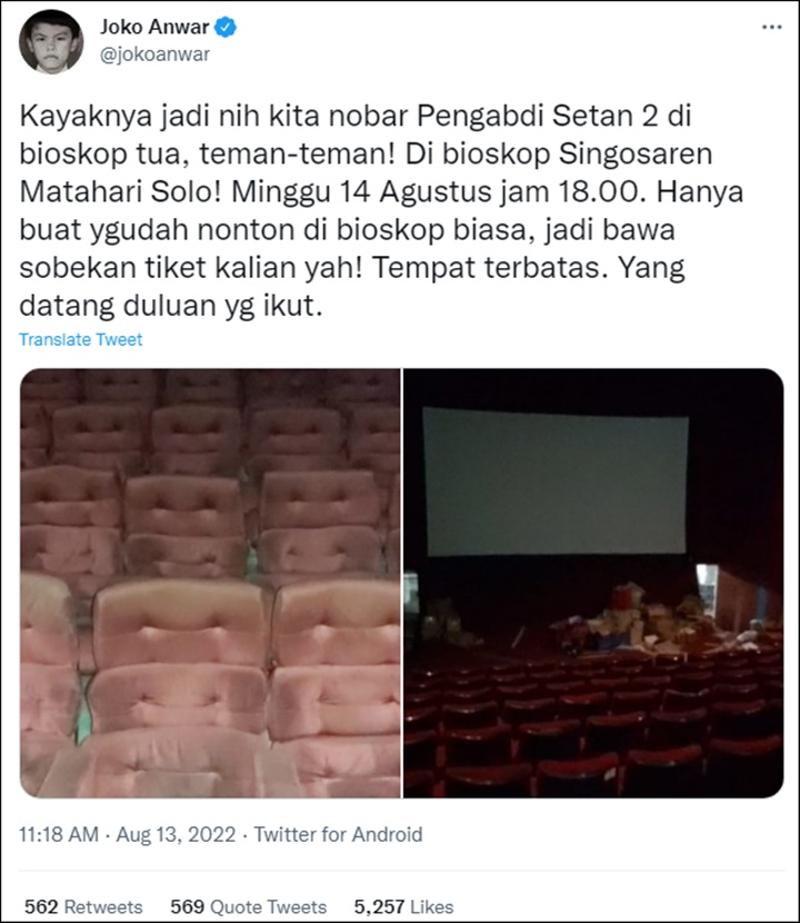 Adu Uji Nyali, Joko Anwar Tawarkan Tonton \'Pengabdi Setan 2\' di Bioskop Tua Dengan Syarat Ini