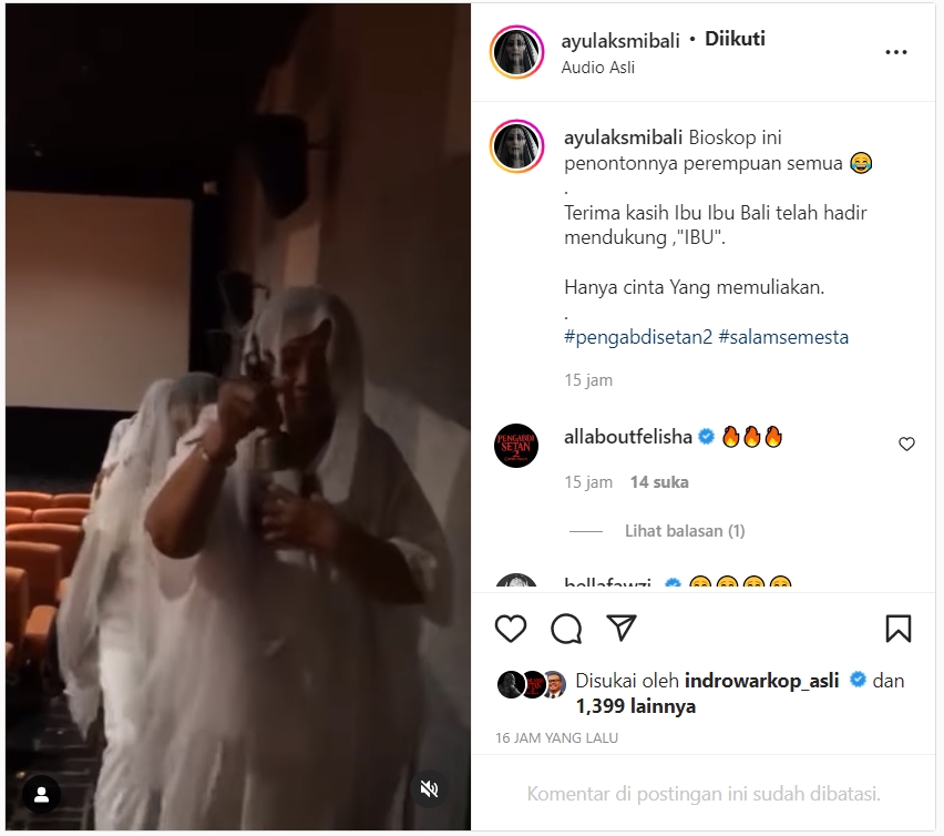 Ayu Laksmi Bagikan Penampilan Unik Penonton Saat Menyaksikan \'Pengabdi Setan 2: Communion\', Seram?