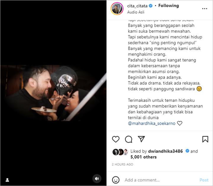 Cita Citata Singgung Soal Hidup Sederhana di Momen Ultah, Sisipkan Ucapan Begini ke Didi Mahardika