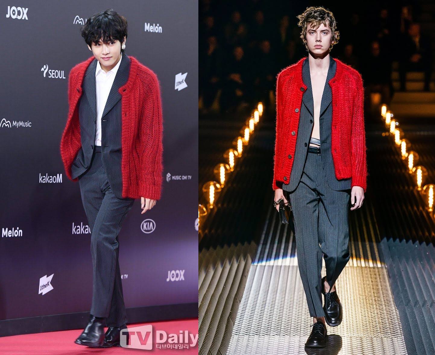 Penampilan V BTS dibandingkan model asli fashion show Prada