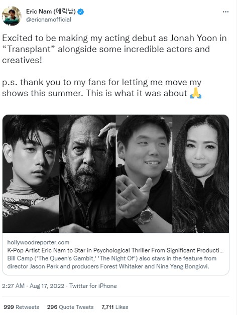 Eric Nam Umumkan Sendiri Bakal Debut Akting di Film Thriller Hollywood Produksi Forest Whitaker