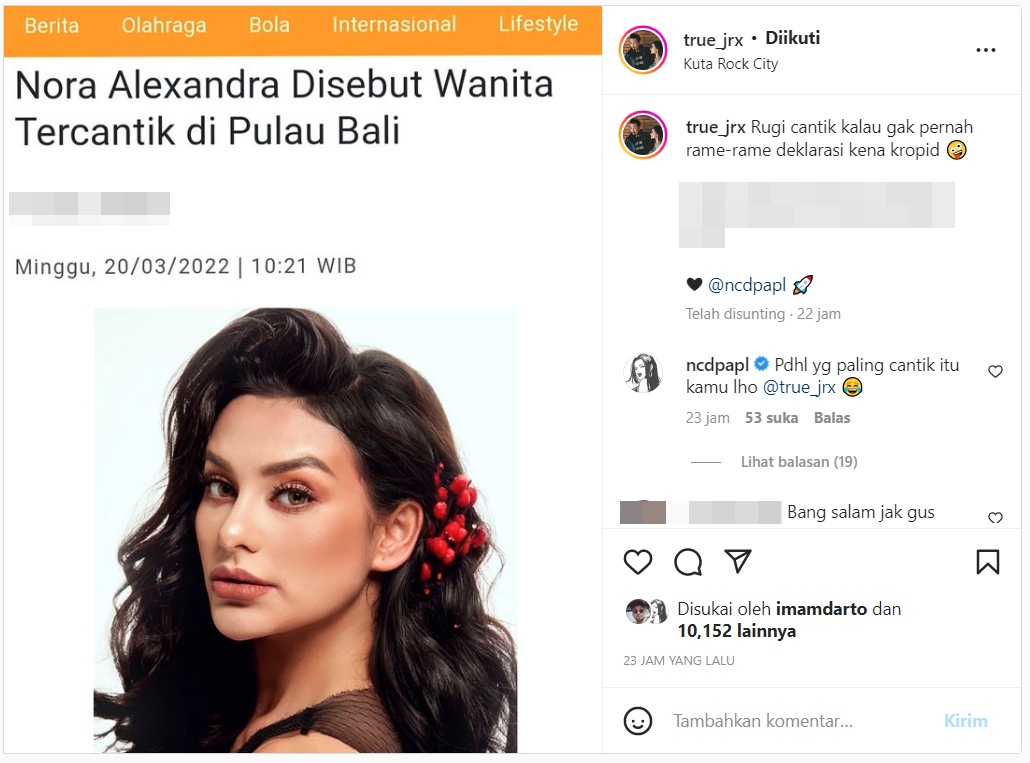 Begini Tanggapan Kocak Nora Alexandra Usai Disebut Wanita Tercantik di Bali