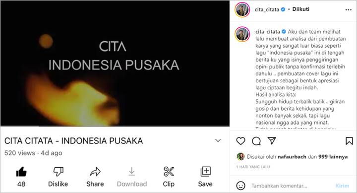 Cita Citata Soroti Penonton Videonya Saat Cover Lagu Nasional, Bandingkan dengan Minat Soal Gosip