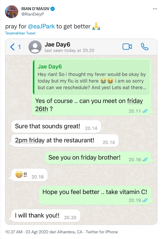 Sempat Janjian, Rian D\'Masiv Kini Pamer Chat WA dengan Jae Eks DAY6
