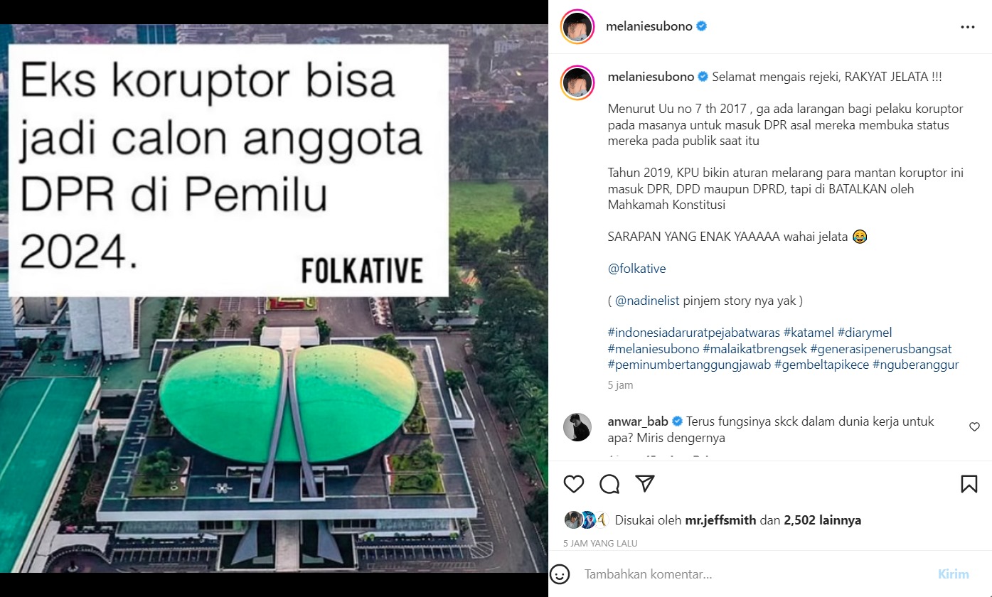 Melanie Subono \'Geram\' Soal Berita Eks Koruptor Bisa Jadi DPR, Anwar Sanjaya \'Nyeplos\' SKCK: Miris!