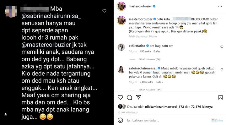 Deddy Corbuzier dan Sabrina Chairunnisa Kompak Semprot Netter yang Ribut Bahas Warisan