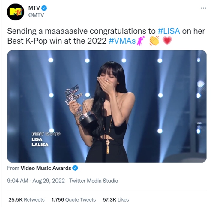 MTV VMA 2022: Lisa BLACKPINK Jadi Solois Wanita K-Pop Pertama yang Menangkan Kategori Ini