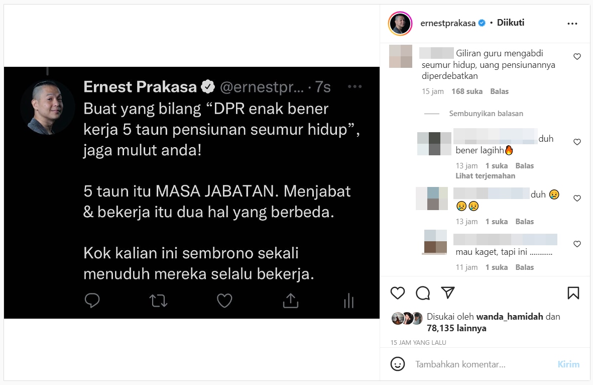 Ernest Prakasa Singgung Soal Dana Pensiun DPR