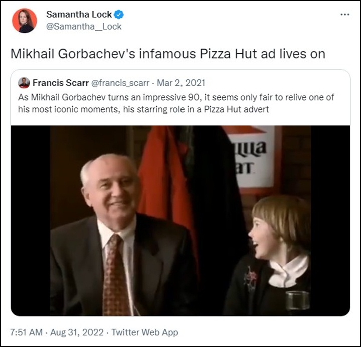 Iklan Pizza Hut Mikhail Gorbachev Kembali Disorot Pasca Kematiannya, Ini Cerita Di Baliknya