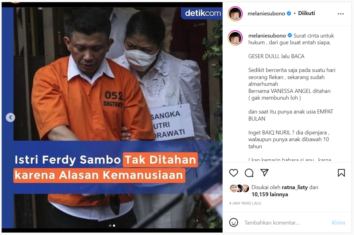 Istri Ferdy Sambo Tak Ditahan, Melanie Subono Gercep Singgung Kasus Mendiang Vanessa Angel