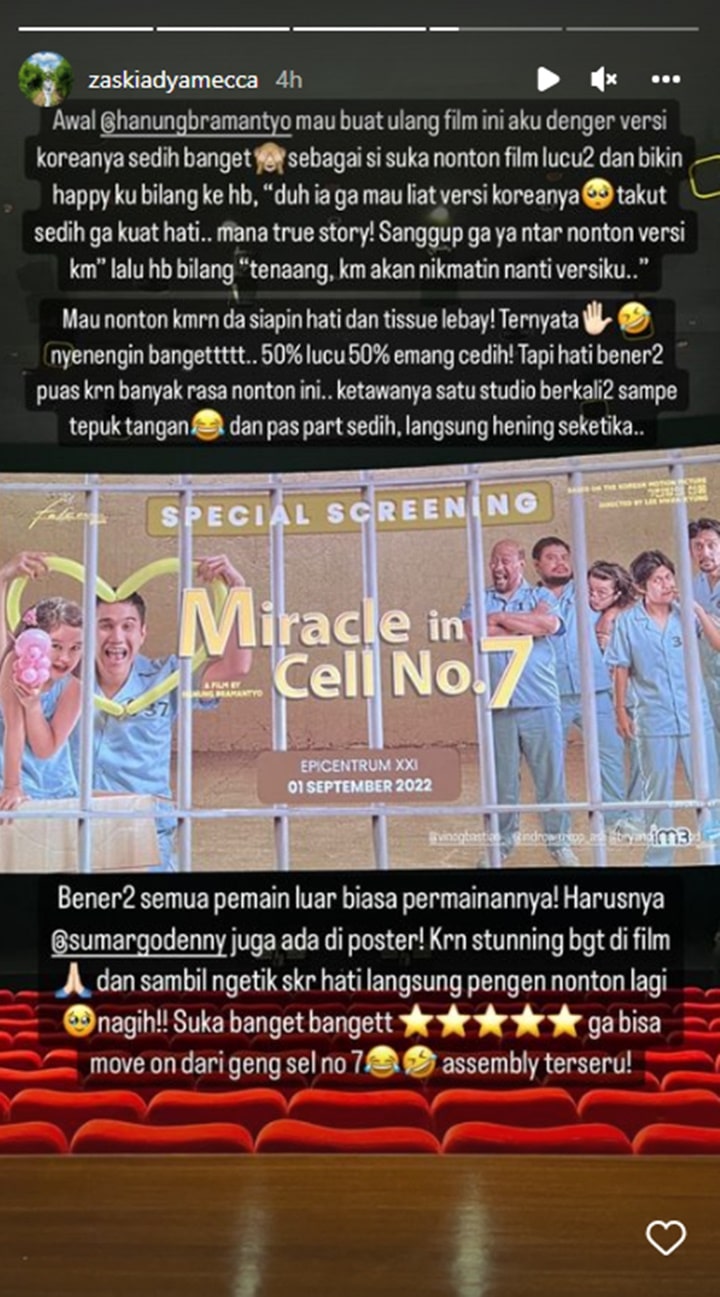 Zaskia Adya Mecca Curhat Perasaan Usai Nonton \'Miracle In Cell No. 7\' Versi Indo, Lebih Sedih?