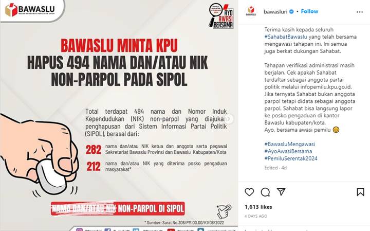 Waspada NIK Dicatut Jadi Anggota Parpol Tanpa Izin, Bawaslu Minta Masyarakat Cek dan Lapor