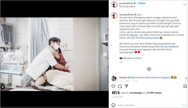 Tarra Budiman Kabarkan Istri Istri Melahirkan Anak Kedua Lewat Foto-foto Romantis dan Penuh Haru