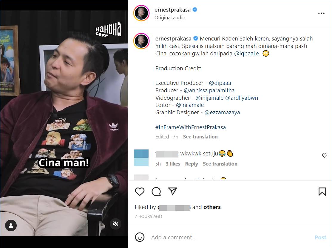 Instagram Ernest Prakasa kala wawancara dengan tim \