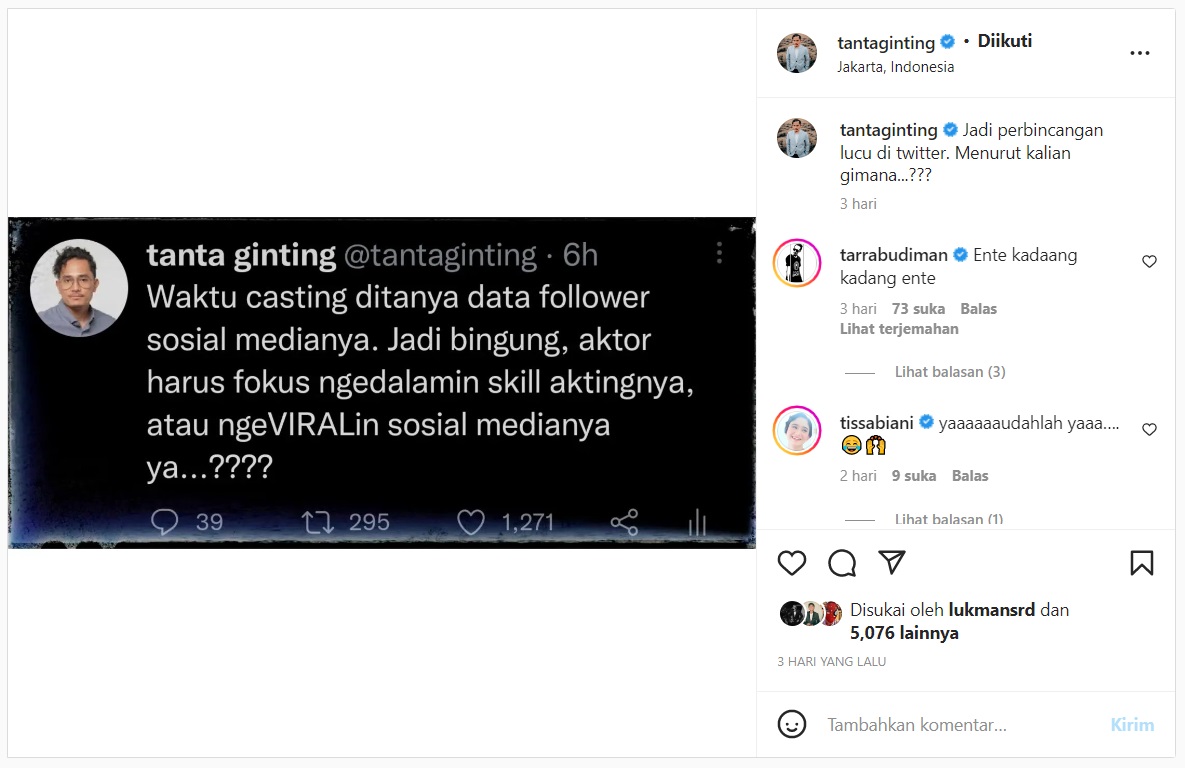 Usai Shenina Cinnamon, Tanta Ginting Ikut Singgung Soal Casting Dilihat dari Data Followers Medsos