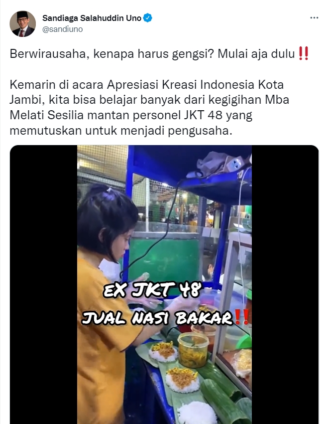 Sandiaga Uno Soroti Melati Eks JKT48 Jualan Nasi Bakar Dipinggir Jalan, Beri Komentar Begini