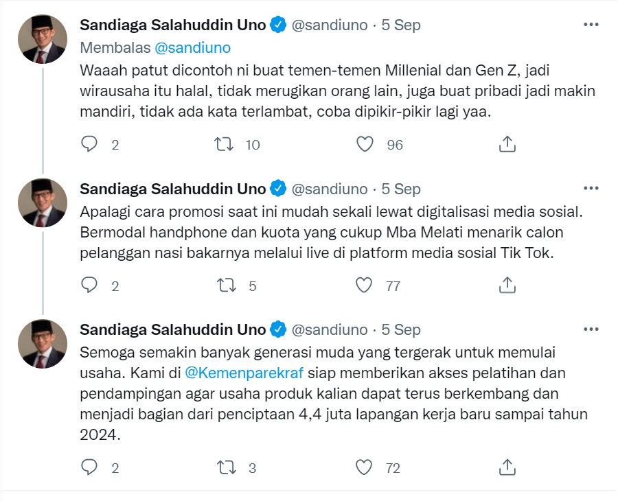 Sandiaga Uno Soroti Melati Eks JKT48 Jualan Nasi Bakar Dipinggir Jalan, Beri Komentar Begini