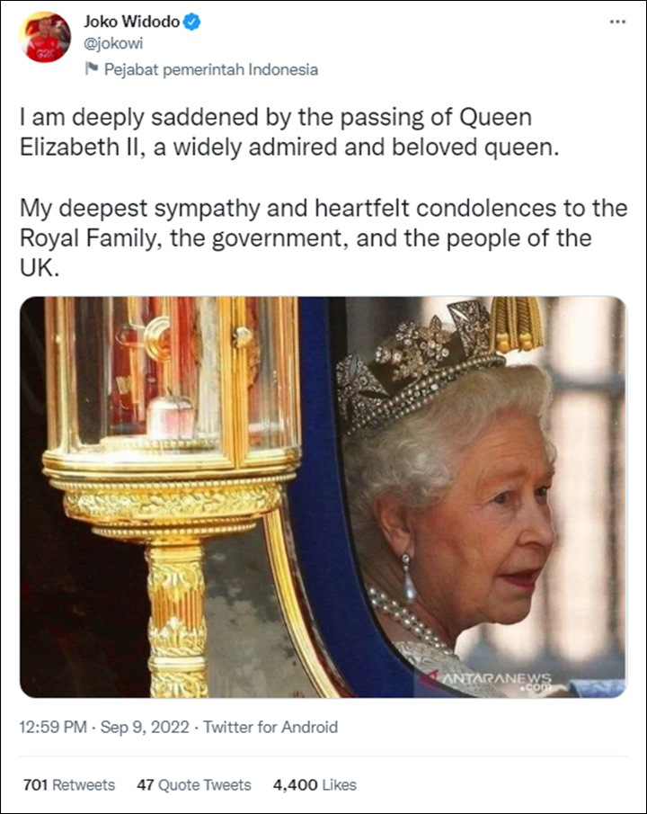 Jokowi Sangat Berduka Atas Meninggalnya Ratu Elizabeth II